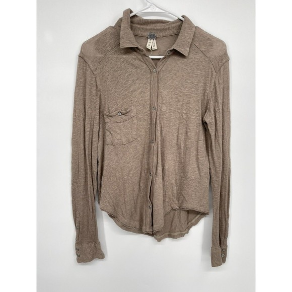 Free People We the Free Brown Caroline Contrast Stitch Stretch Slub Shirt Size S - Picture 1 of 7